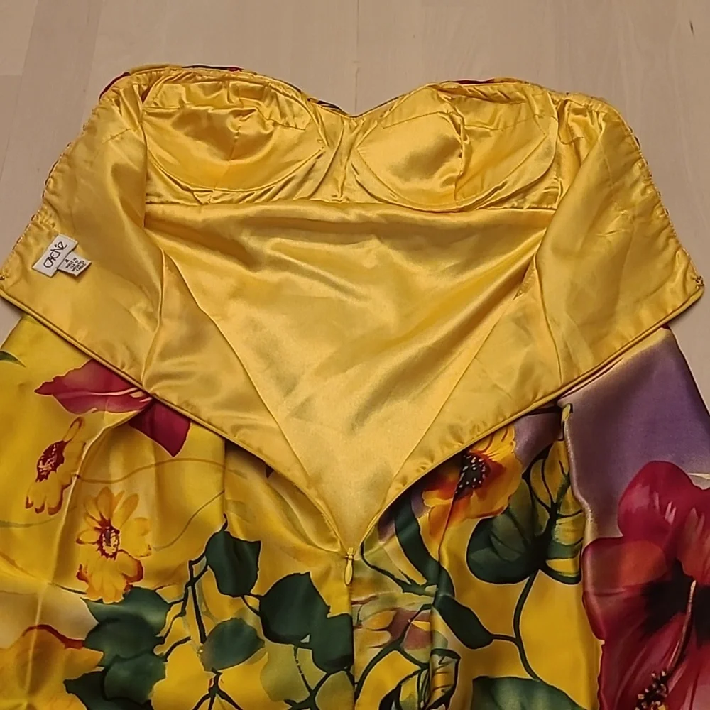 LIKE NEW Y2K Cache 100% Silk Floral Print Balloon Hem Strapless Dress - Picture 9 of 16
